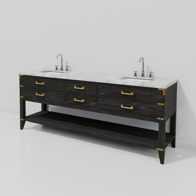 Ensemble de meuble-lavabo double 84 po, Chêne noir, Marbre de Carrare blanc