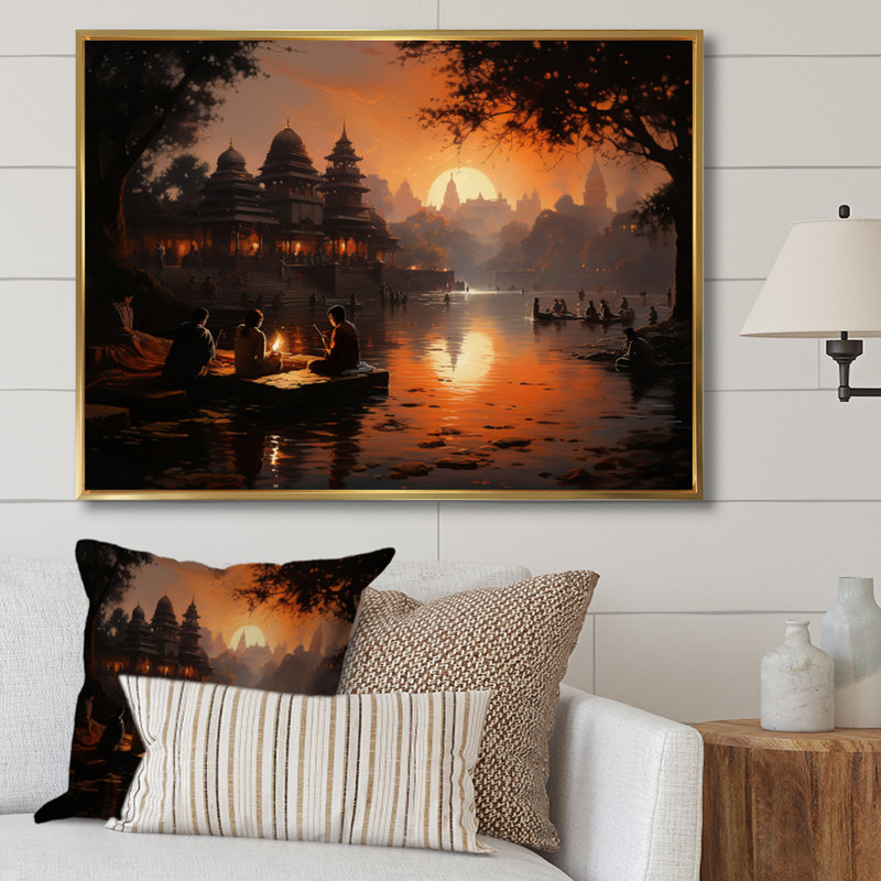 Hinduisim Sunset Aarti II - Spiritual Wall Art Prints, H 12 po x l 20 po x P 1 po, Cadre flottant doré