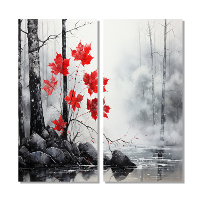 Minimaliste, forêt rouge monochrome II - grande forêt, art mural 2 panneaux