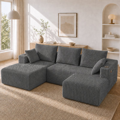 Canapé modulaire en forme de U de 95 po avec méridienne et repose-pieds Mojolion, fauteuils désossés avec 2 porte-gobelets et poche de rangement, méridienne surdimensionnée faisant face à la gauche, assise profonde, dossier