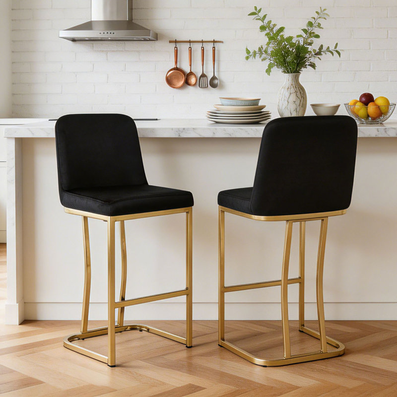 Modern Upholstered Counter Height Bar Stool With Metal Frame, Black/Gold, Extra Tall = 35” Seat Height, 2