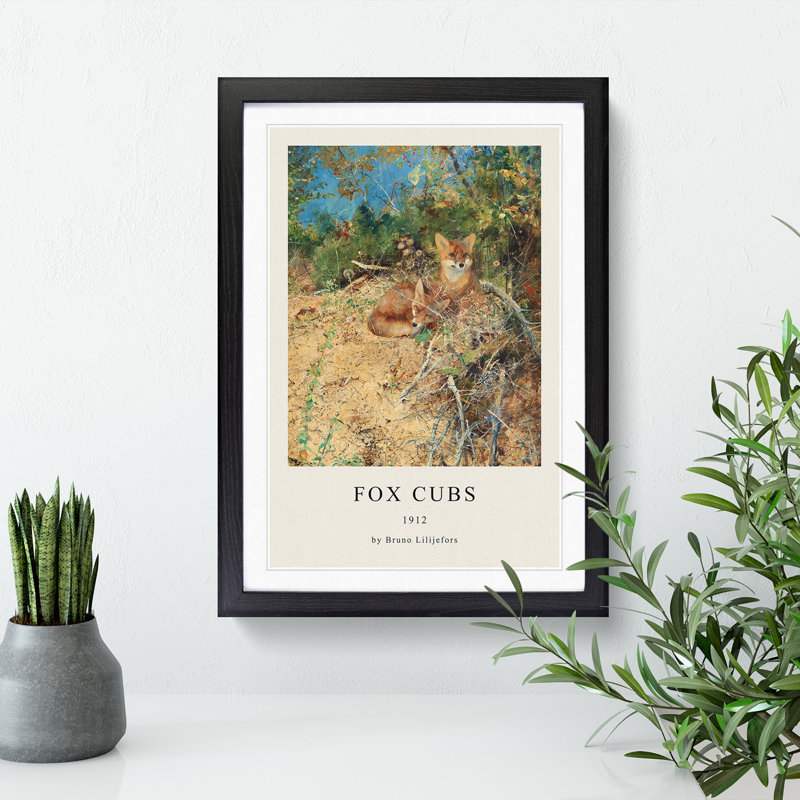 Fox Cubs by Bruno Liljefors - Single Picture Frame Print, 36cm H x 27cm W x 2cm D, Black Framed
