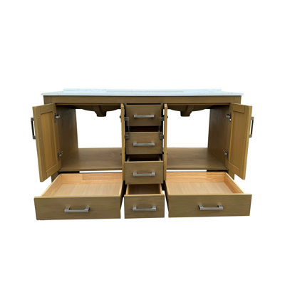 Meuble-lavabo de 55 po avec lavabos doubles et trou pour robinet, lavabo de rangement en chêne 4 portes, 6 tiroirs, comptoir, céramique, mécanisme de fermeture en douceur pour utilisation sans effort, lavabo en céramique, contreplaqué de bois massif