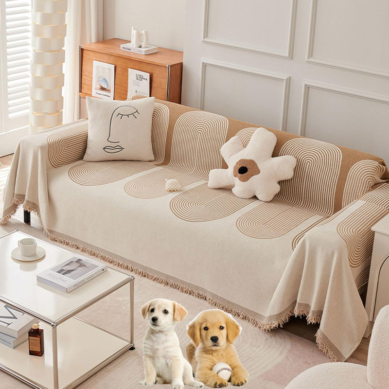 Chenille Sofa Cover Blanket Couch Cover Multifunctional Sofa Protectortowel Geometric Line Pattern Non-slipwith Tassel, Beige