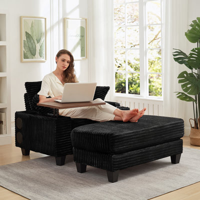 Canapé en velours côtelé avec accoudoirs, siège polyvalent simple avec repose-pieds, porte-gobelet, haut-parleur Bluetooth, ports USB, tableau pivotant à 180 °, pour le salon, la chambre à coucher et l’appartement