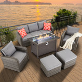 Wicker/Rattan 7 - Person Seating Group with Fire Pit Table