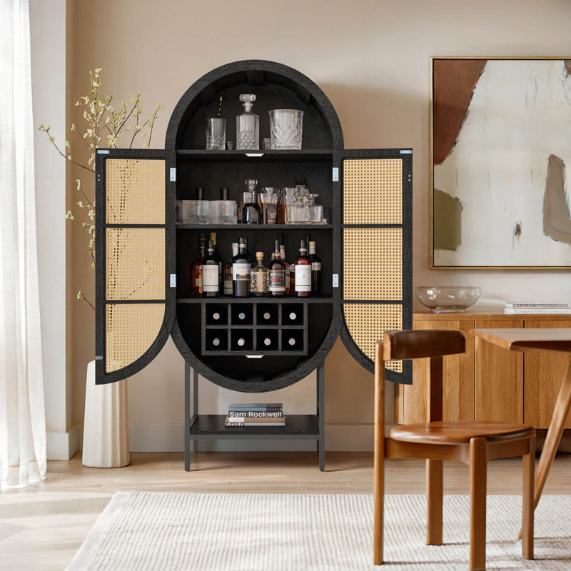 Wine Cabinet with Rattan Door, Black