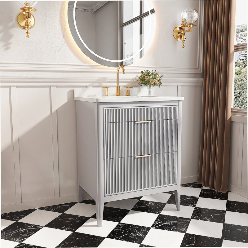 Ensemble de meuble-lavabo sur pied entièrement assemblé avec 2 ensembles de poignées et plateau en marbre d'ingénierie entièrement assemblé