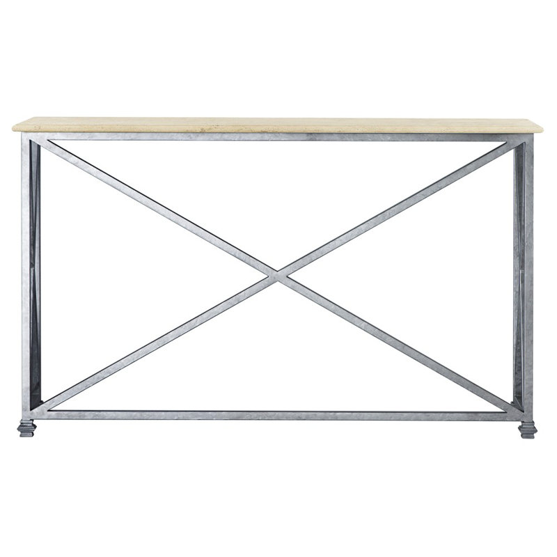 Medallion 60'' Console Table, 36"H x 60"W x 15"D, Lite Travertine, Royal Silver
