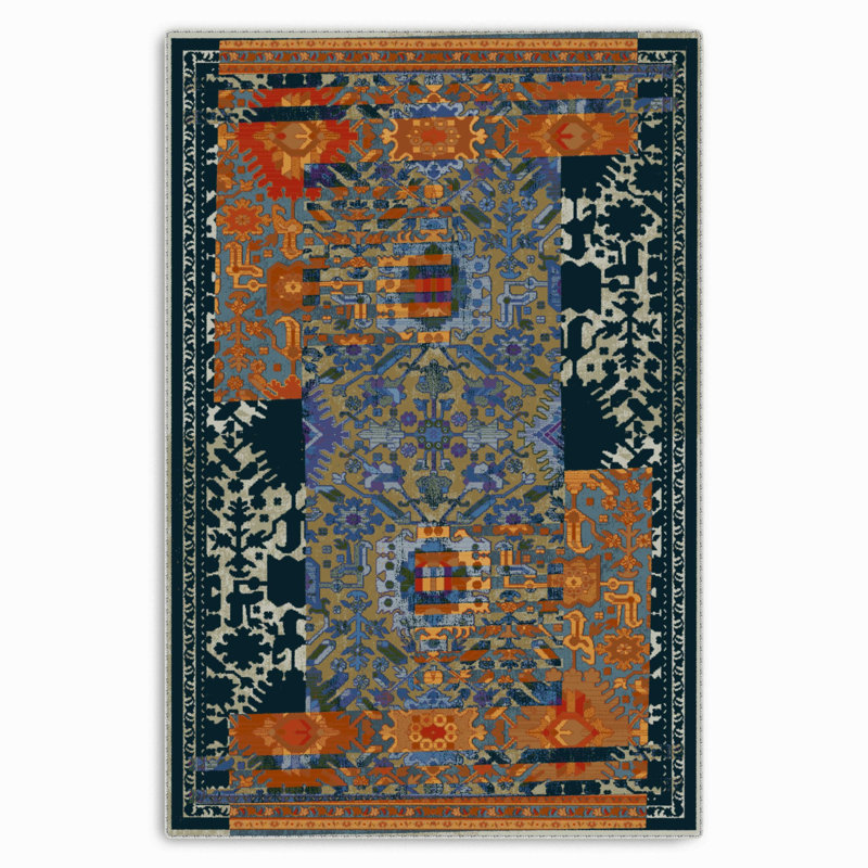 Vintage Look Middlefield Orange Navy Moroccan Cotton Chenille Area Rug, Runner 5'3" x 16'5"