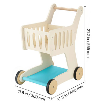 Shopping Cart for Kids, Wooden, Toy Shopping Cart with Extra Storage, Realistic Play Food and Scanner, Grocery Store Pretend Play Toy Trolley, Baby Push Learning Walker, for Toddlers Ages 3+