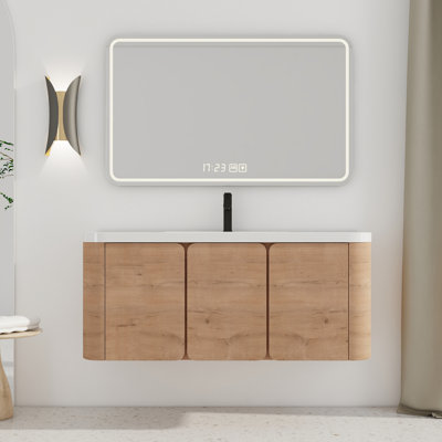 Meuble-lavabo mural peu encombrant avec lavabo en résine, finition chêne moderne