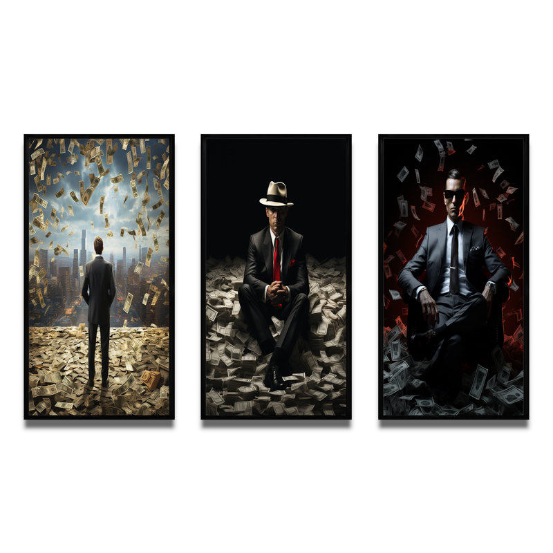 " Man Looking At Skyline Of Floating Money " 3 - Pieces, 40" H x 60" W, Black Floater Framed