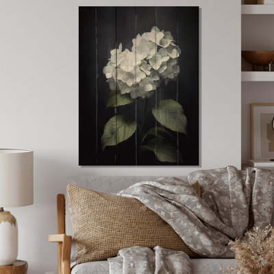 Charliegh, fleurs blanches et blanches d'hortensias sur bois