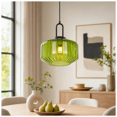 1 Light Dimmable Modern Green Glass Stripe Pendant Light With Hand Blown Glass Shade
