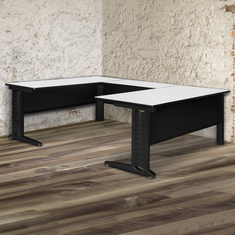 Fusion U Shape Desk Shell, White/Black, 29" H x 66" W x 102" D