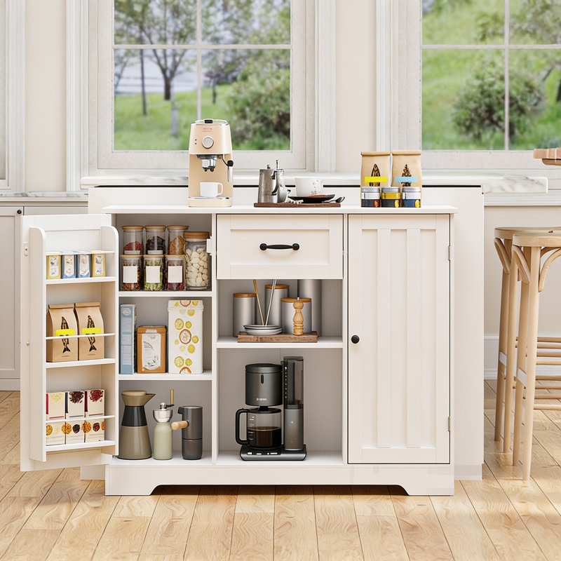 45.7''W  3 Drawer Sideboard with Pantry Doors, Adjustable Shelves and Large Drawer, White