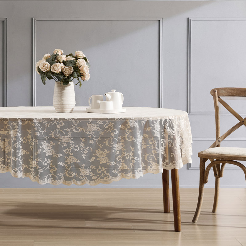 Winston Porter Marlow Floral Lace Fabric Tablecloth, Lace Fabric Table Cloth for Oval Tables, Wrinkle Resistant Tablecloth, Patterned Scalloped Tablecloth (60 W x 84 L)