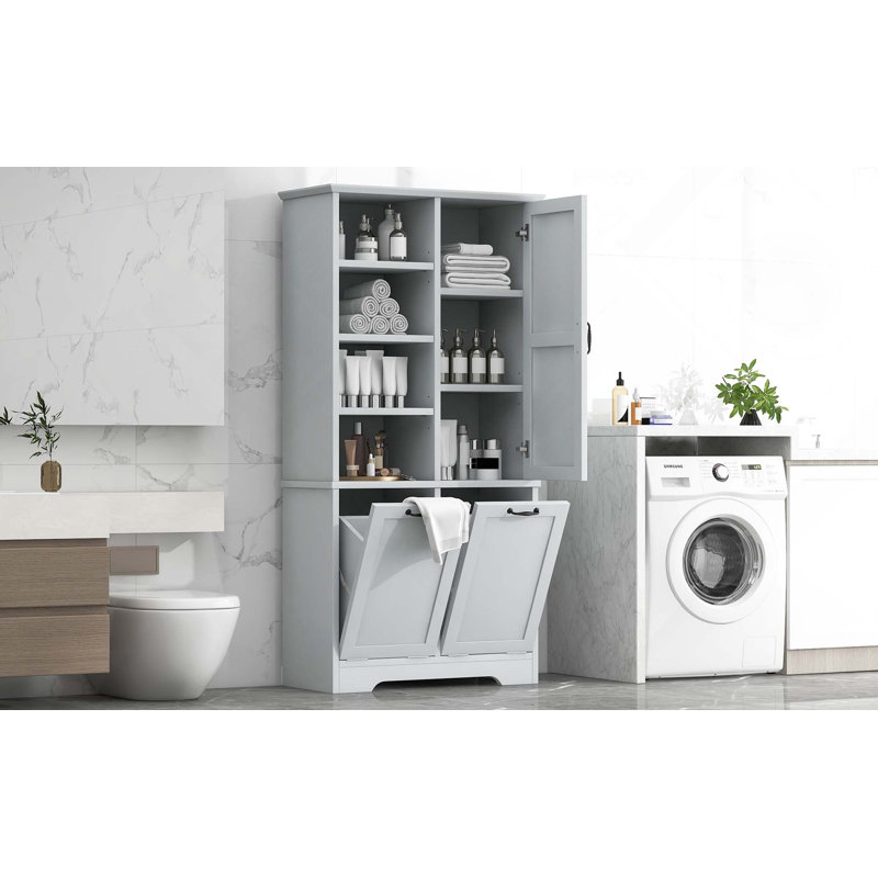 Armoire de rangement autoportante pour salle de bain avec portes et tiroirs, panier à linge inclinable, tablette ouverte et tablette réglable