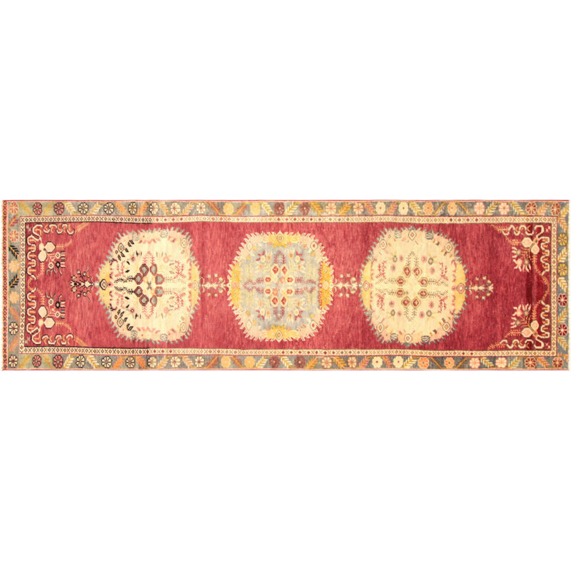 Tapis de couloir unique en laine noué à la main de style années 1960 de 3 pi 2 po x 12 pi 7 po en rouge / jaune / beige