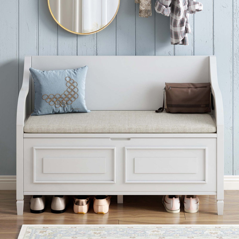 Banc de rangement multifonctionnel en bois massif rustique avec charnière de sécurité pour le salon du hall d'entrée, Blanc