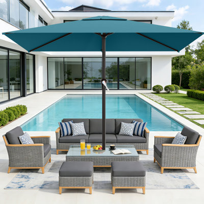 6.5×10FT All-Steel Rectangular Patio Umbrella, UPF 50+ UV Protection, Crank Handle, 6 Heavy Duty Ribs, Outdoor Market Umbrella for Garden, Pool, Backyard, Lake Blue