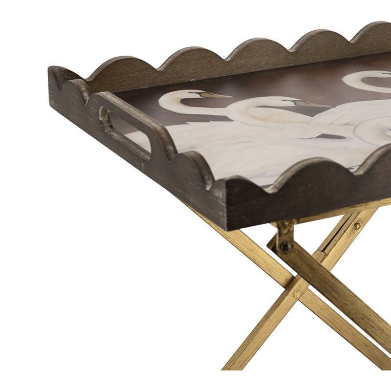 Table d'appoint marron avec piètement blanc et fer, 61 cm de hauteur, idéale pour les plantes en pot dans le salon. Longueur : 60 cm.
