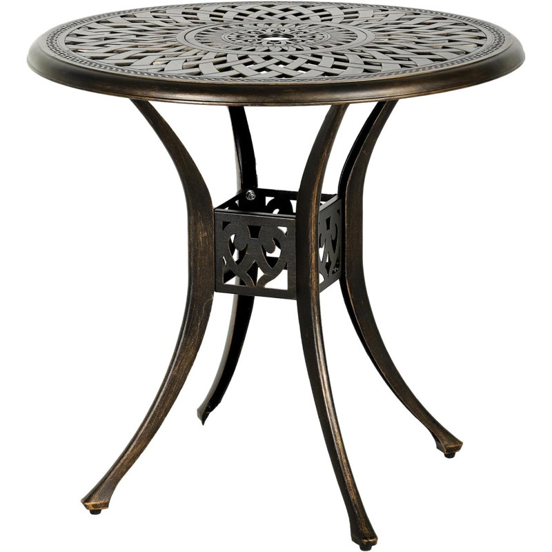 Patio Dining Table, Cast Aluminum Outdoor Bistro Table With Umbrella Hole Round Conversation Table, Antique Bronze
