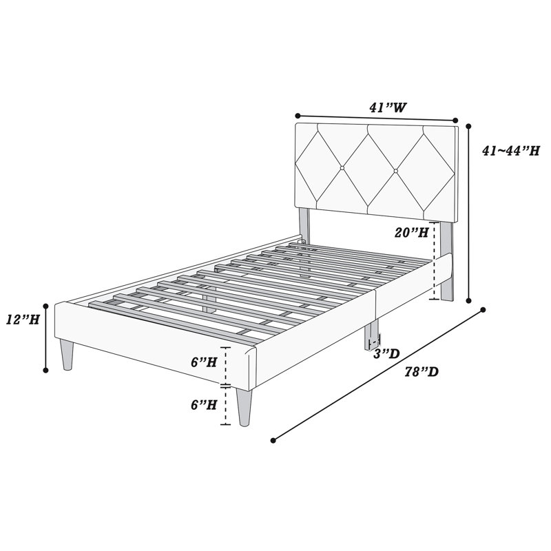 Lit simple avec support à 12 lattes, tête de lit réglable jusqu'à 3 pouces, velours pour la chambre à coucher