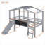 Lit mezzanine simple en bois massif gris clair avec échelle, glissade, tableau noir intégré et bande lumineuse