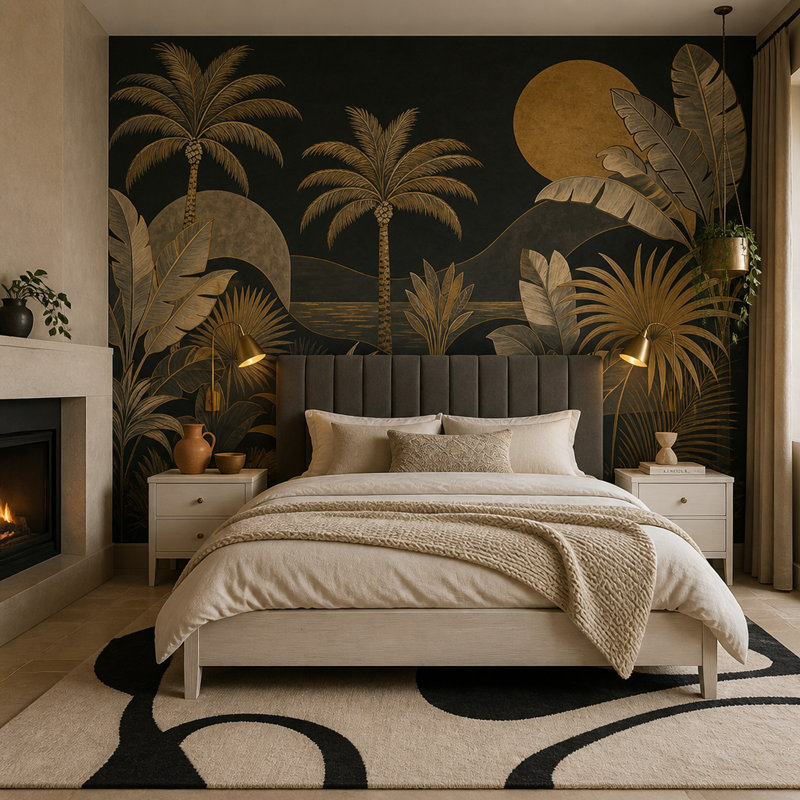 Dark Tropical Landscape Wallpaper Palm Trees Gold Sun Removable Wall Decor, 160 po x 108 po, Texturé non collé