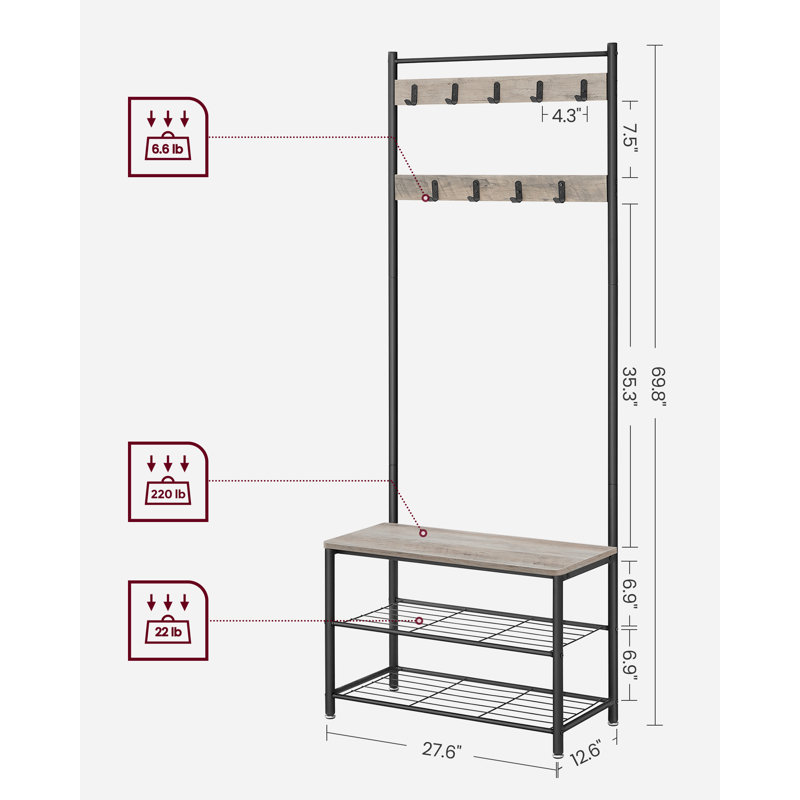 Parke Hall Tree 27.6'' Wide with Bench and Shoe Storage, Black/Greige