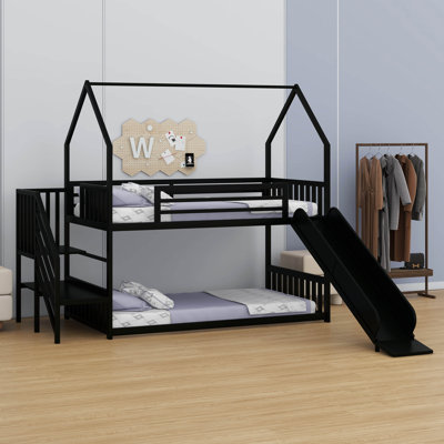 Twin Size Metal Bunk Bed With Guardrails, House-Shape Bed With Slide And Staircase