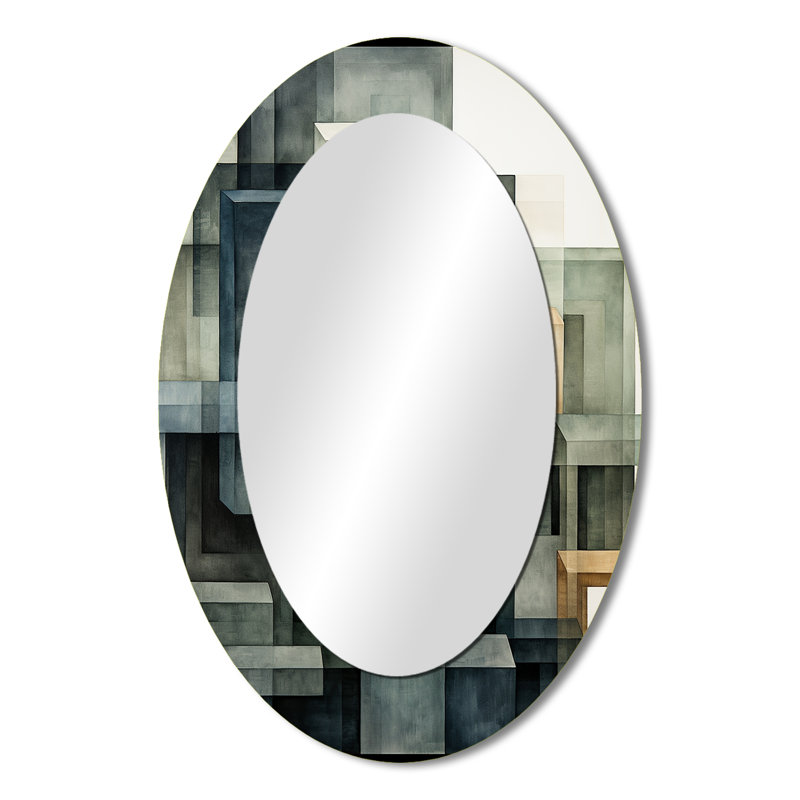 Indigo Illusion Abstract Shapes I - Gray Oval Wall Mirror Decor, 36" x 24"