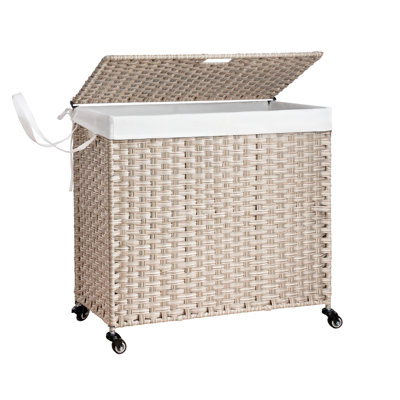160L Wicker Laundry Hamper withWheels, Lid and Removable Liner, PE Rattan Basket with Powder-Coated Steel Frame for Bathroom, Bedroom, or Laundry Room (Light Gray)