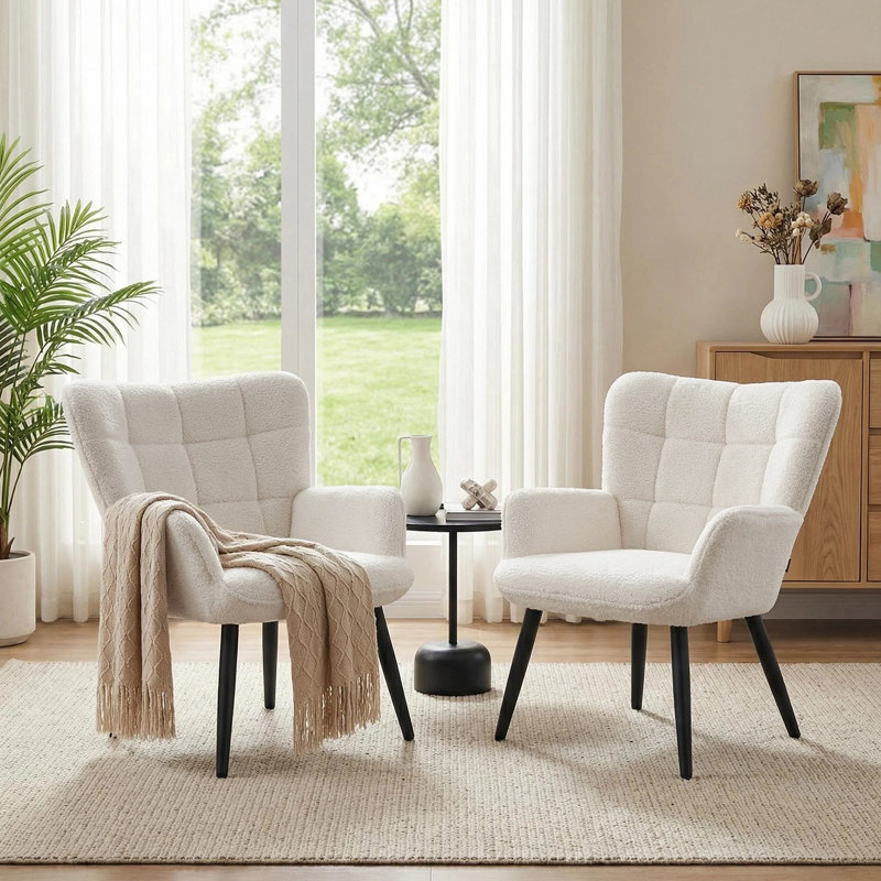  Modern Mid Century Accent Chair with Backrest & Metal Legs, Wingback Barrel Chair for Living Room Bedroom Home Office Vanity Room