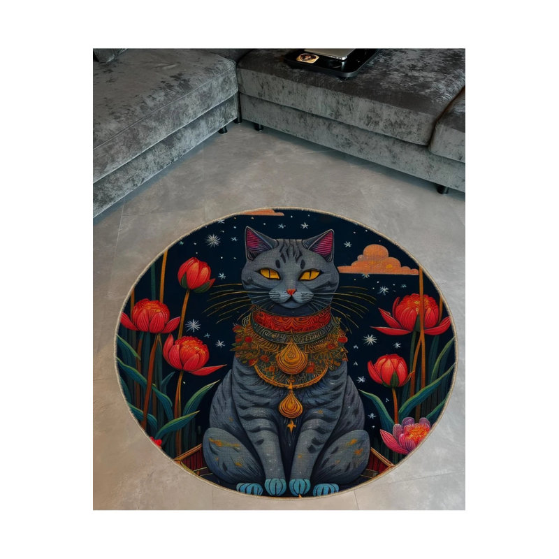 Multicolored Cat Display Modern Decorative Carpet, Round 4'