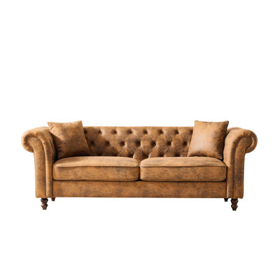 Canapé brun moderne à 3 places Mid-Century, profondeur de 83 po, accoudoirs roulés, coussins rembourrés à ressorts, respirant avec revêtement en tissu technique, sièges, rembourrage en mousse haute densité, structure en bois, pour le salon
