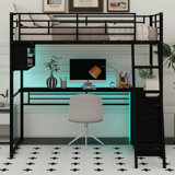 Ashvith Twin Size Metal Loft Bed With LED, Desk And 4 Storage Shelves