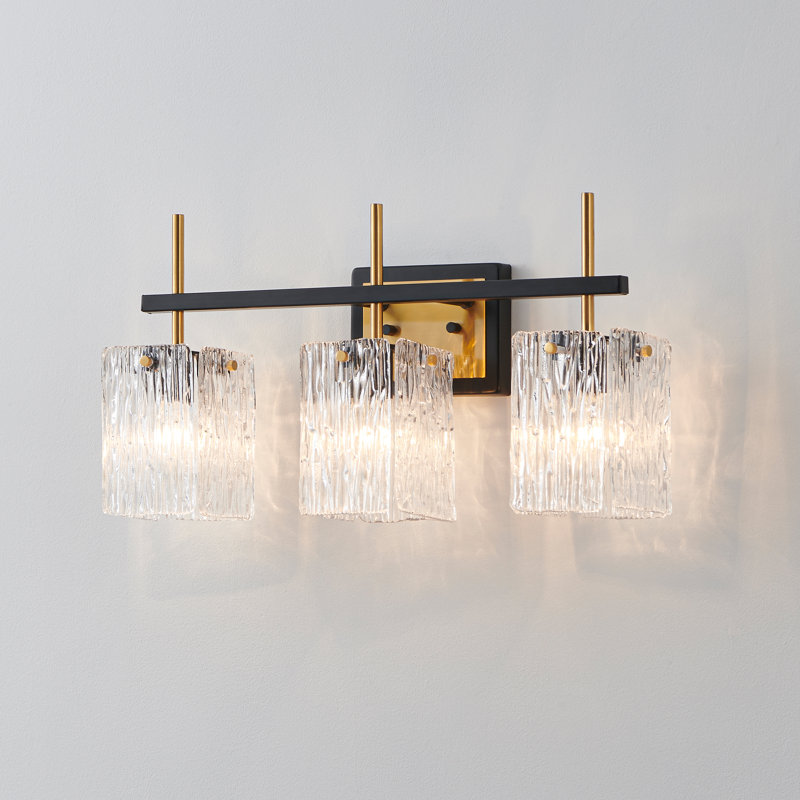 3 - Light Dimmable Vanity Light Black And Brushed Gold Finish With Textured Glass Shade