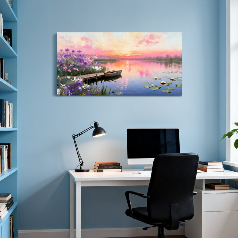 Plantes et fleurs coucher de soleil lac bateau fleurs nénuphars quai ciel, H 24 po x l 48 po