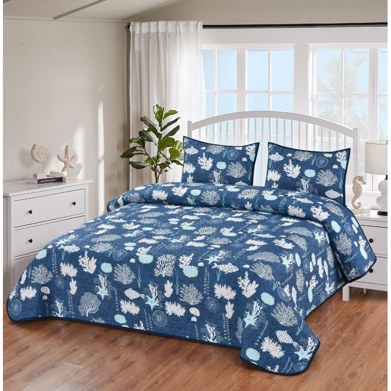Ensemble de literie de courtepointe Blak Blue Coral, Courtepointe très grand et 2 très grandes taies