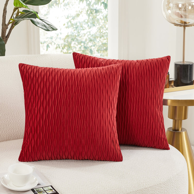 Striped Velvet Decor Soft Throw Pillow Covers With Wave Design（Set of 2）, 18"H x 18"W, Red