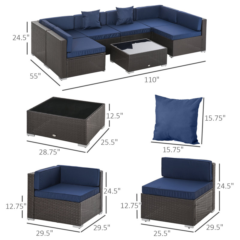 Groupe de sièges modulaires en rotin avec coussins 7 pièces, Structure brune / coussin bleu foncé