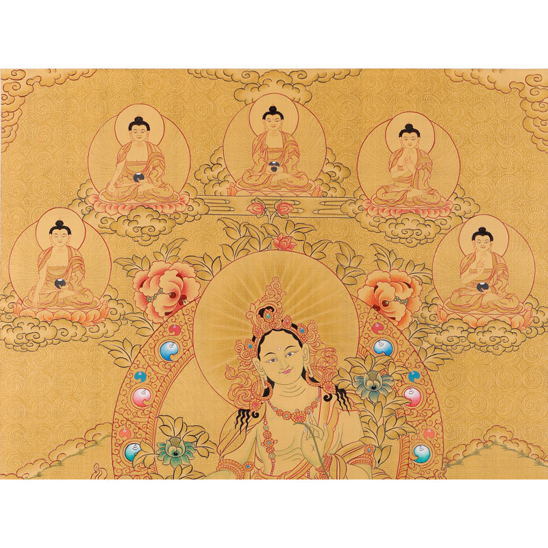 Art mural tibétain de protection Tara vert peint à la main H 26,8 po x l 18,9 po avec feuille d'or véritable 24 carats pour les pièces de méditation et la décoration intérieure paisible