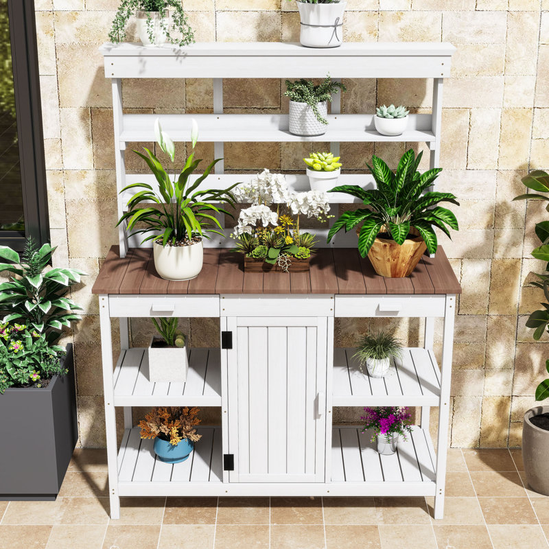 Table de rempotage spacieuse en bois de sapin avec tablettes de rangement, tiroirs et armoire, Blanc / Brun