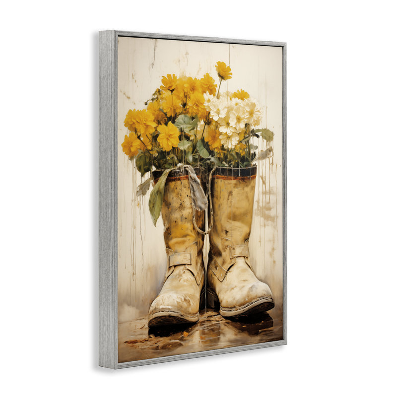 Fleurs dans des bottes de campagne robustes, giclée encadrée, design par Heidi Kuntz, H 24 po x l 16 po