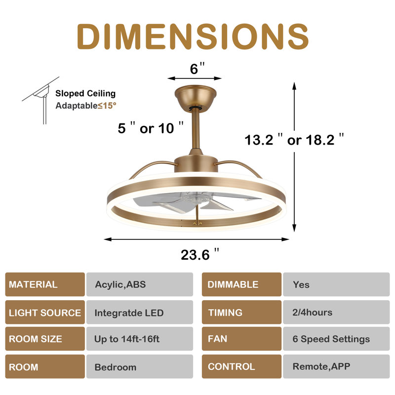  24'' Gold Ceiling Fan with Dimmable LED Light 3 Color tone, 6 Speed Quiet DC motor, App and Remote Control, Gold