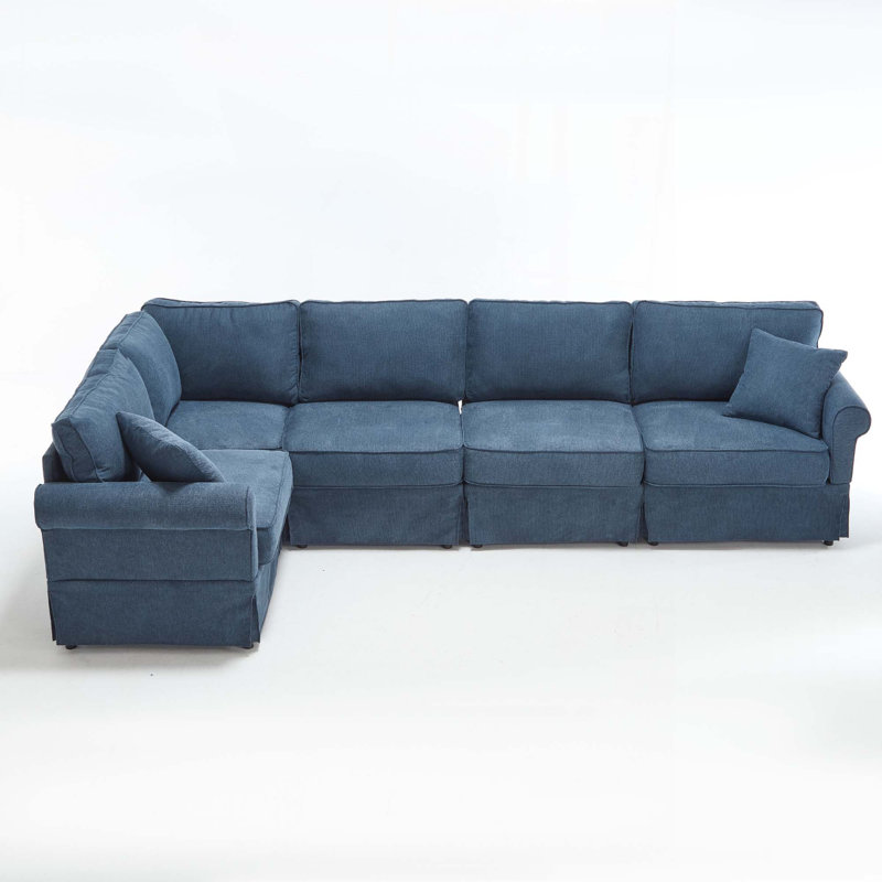 Modular Sectional Sofa Set Convertible L - Shaped 5 - Seat Reversible Rolled Arms Soft, Dark Blue Fabric