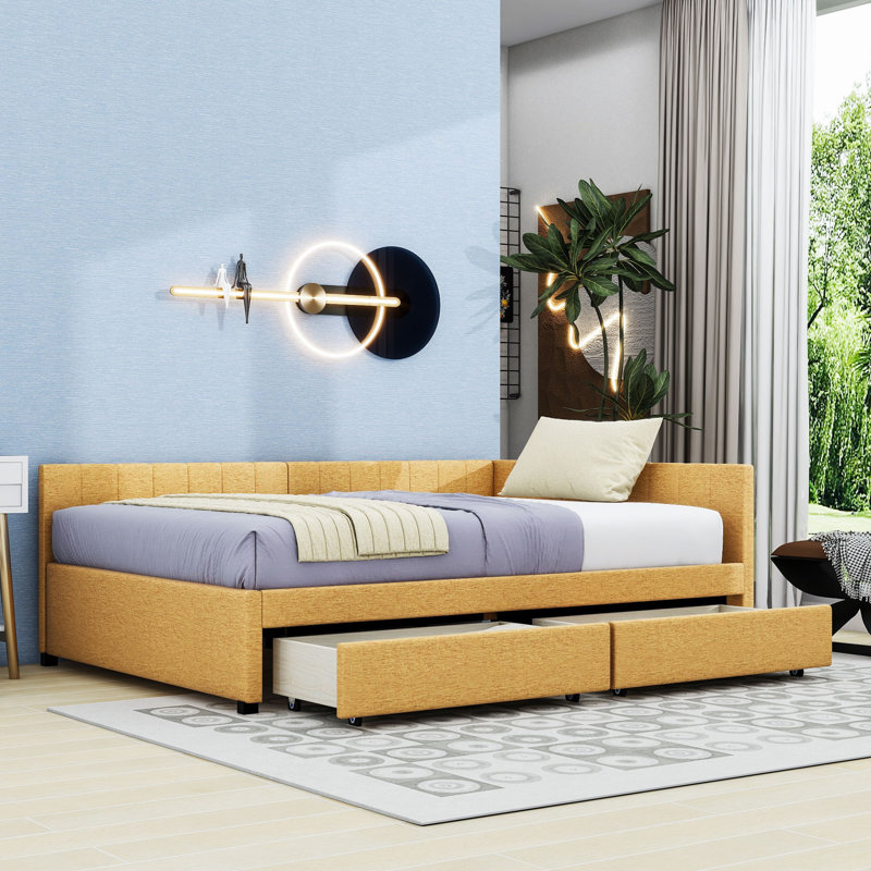 2 Drawers Full Upholstered Daybed, Semi-Closed Design, Yellow